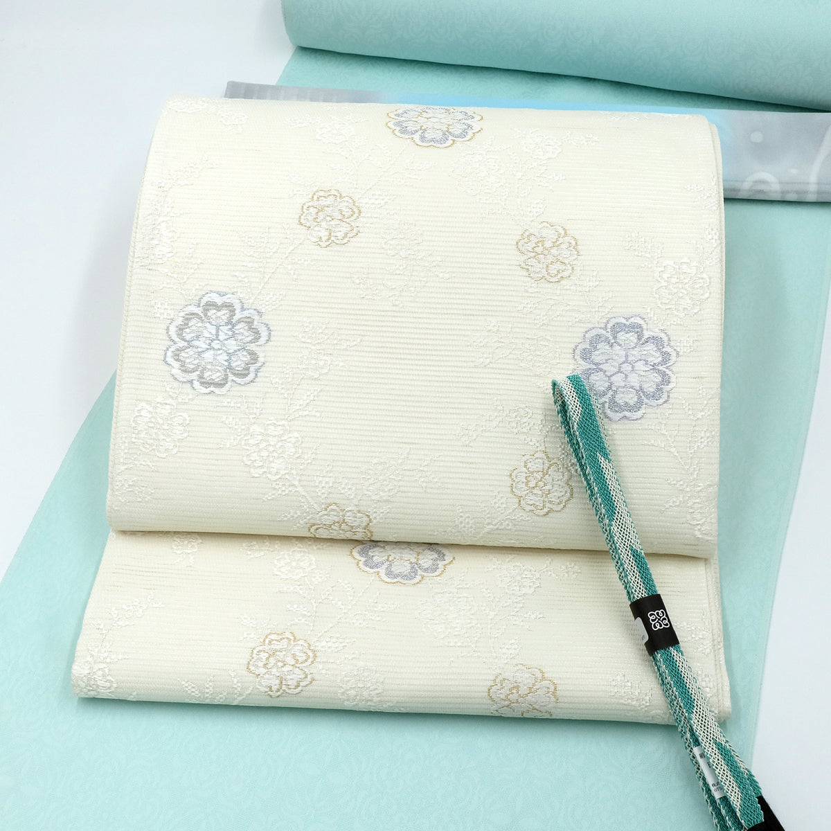 まーろーず　No.3007 未使用正絹生紬草花文様袋帯　美品 浅山織物 真珠箔 絽袋帯 菊唐草文様 – EMON