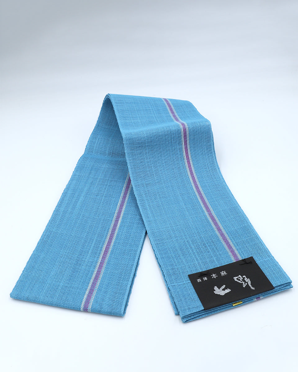 七野本麻半巾帯 露草色 – EMON