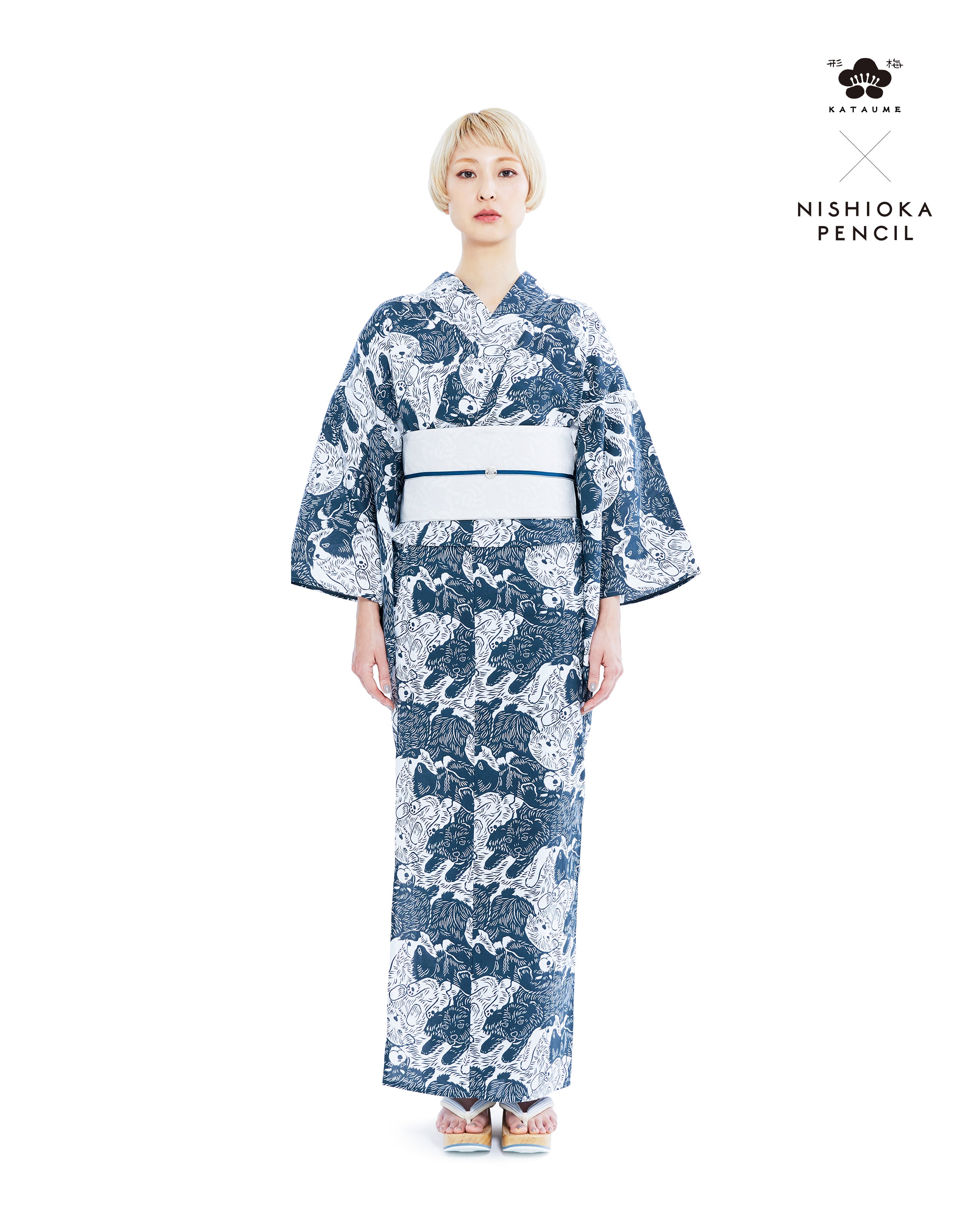 岡重　子犬柄の綿絽浴衣　青 新しく入荷した浴衣の ご紹介です。 岡重のレトロわんこの