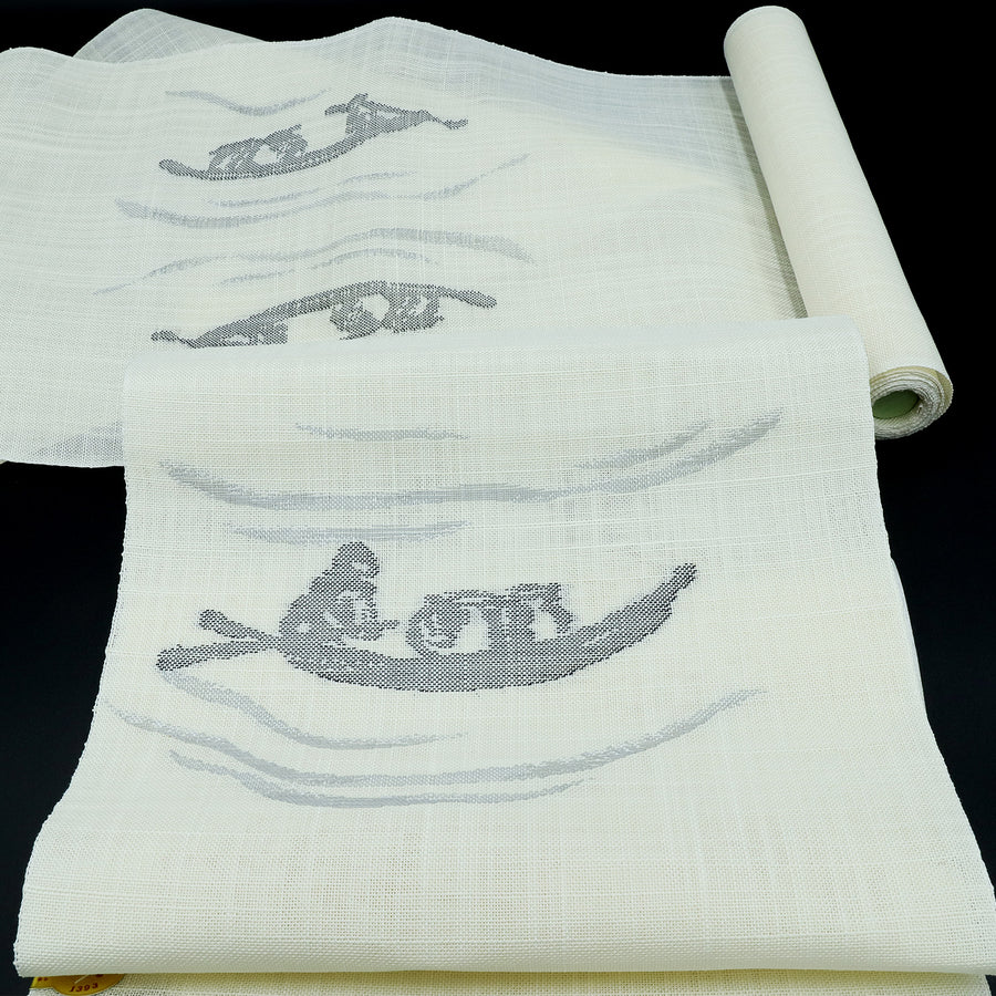 七野<br>本麻八寸名古屋帯<br>墨絵舟