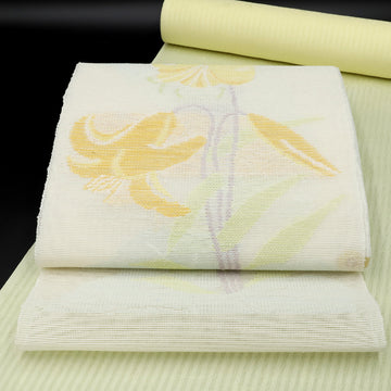 帯屋捨松<br>夏八寸名古屋帯<br>ゆりつなぎ文 白