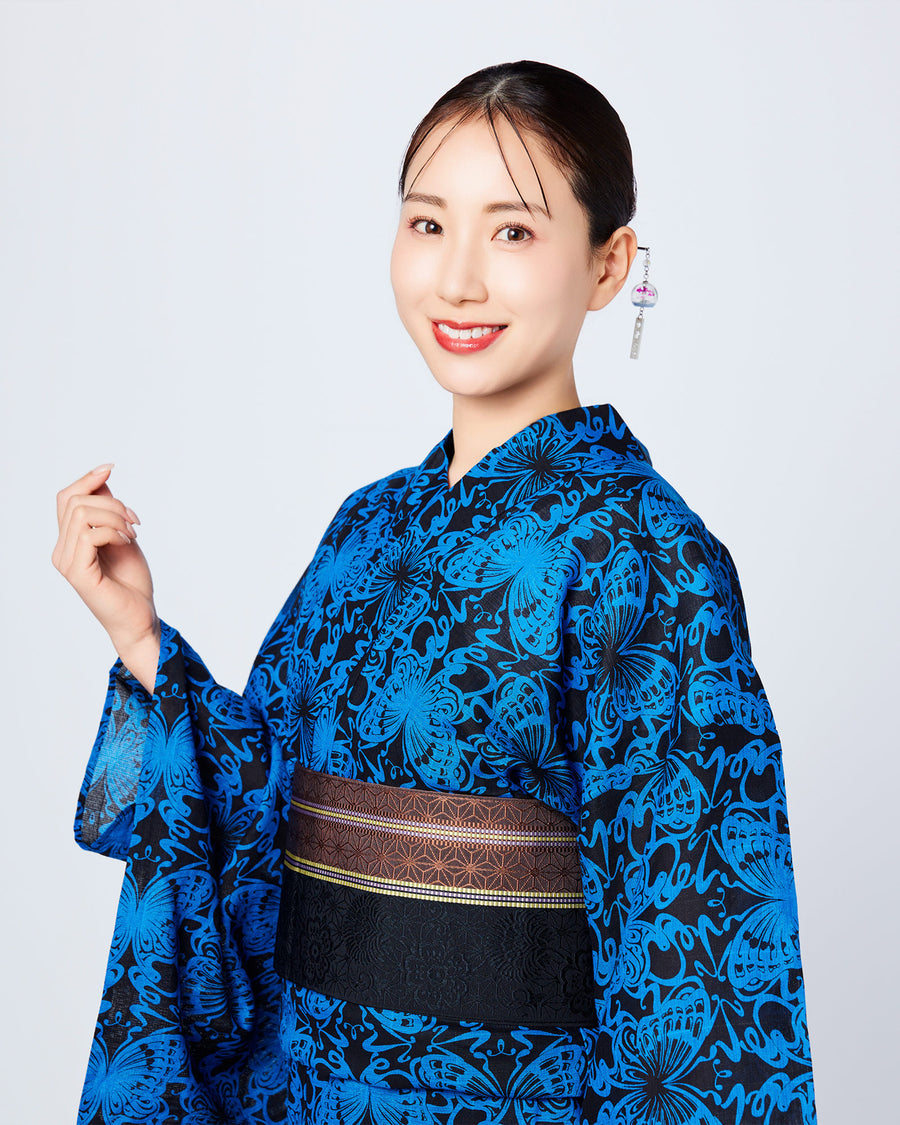 浴衣「蝶 ヌーヴォー西岡流 BUTTERFLY NOUVEAU」青 – EMON
