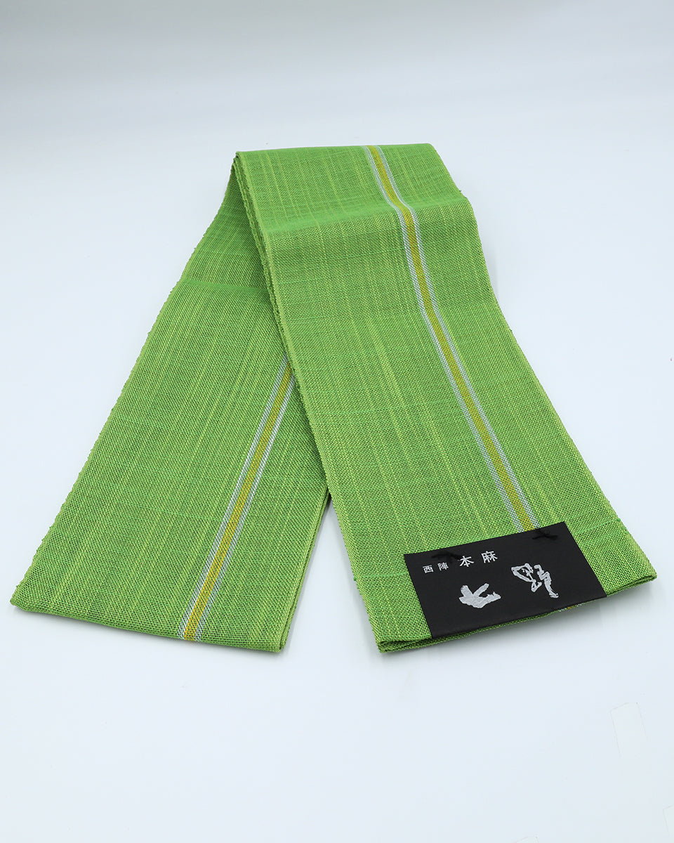 七野本麻半巾帯 若草色 – EMON