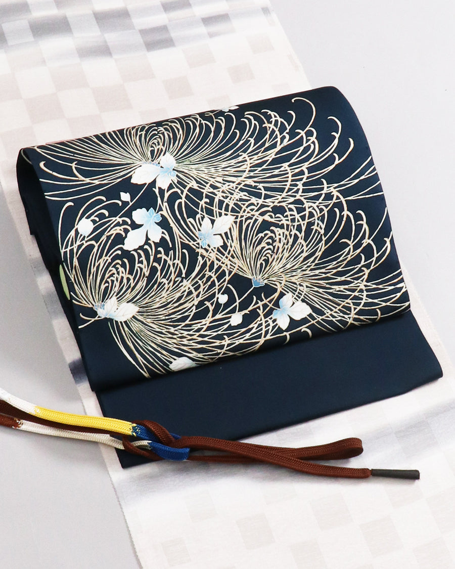 工芸染匠成謙手描き友禅 九寸名古屋帯葉乱菊 紺 – EMON