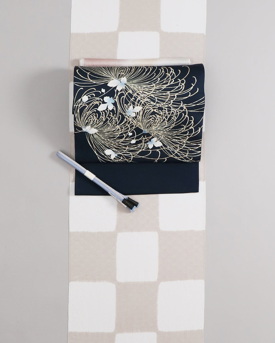 工芸染匠成謙手描き友禅 九寸名古屋帯葉乱菊 紺 – EMON